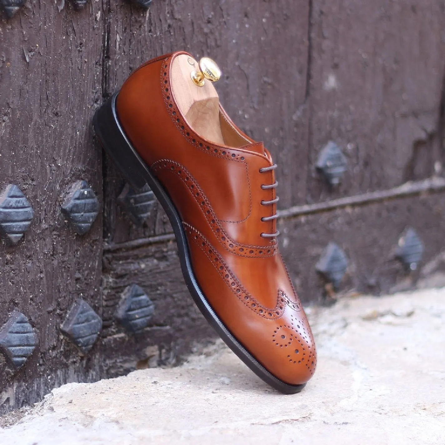 Ambrogio Bespoke Custom Men's Shoes Cognac Polished Calf-Skin Leather Full Brogue Oxfords (AMB2147)