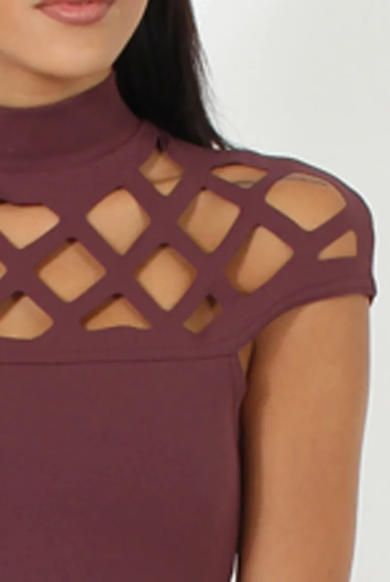 Aubergine Cage High Neck Bodycon Dress- Kade