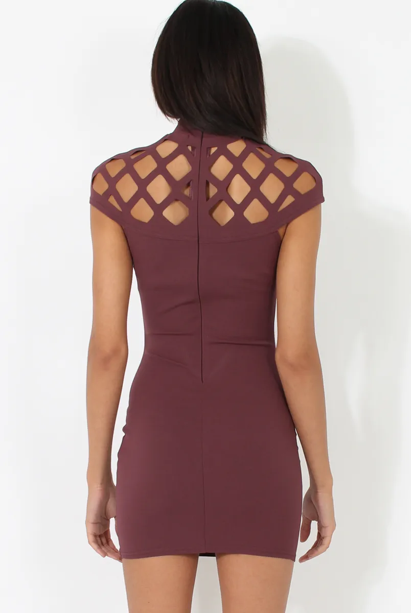 Aubergine Cage High Neck Bodycon Dress- Kade