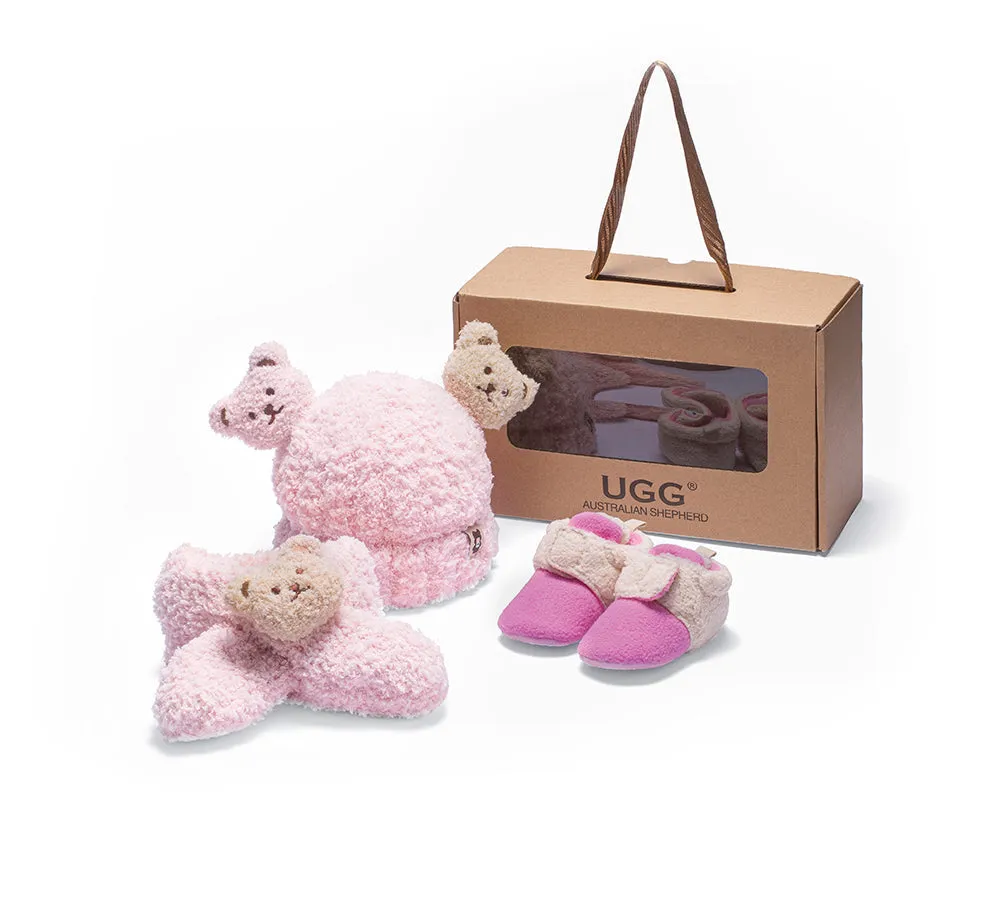 Baby Booties Gift Set with Shearling Bear Beanie and Scarf