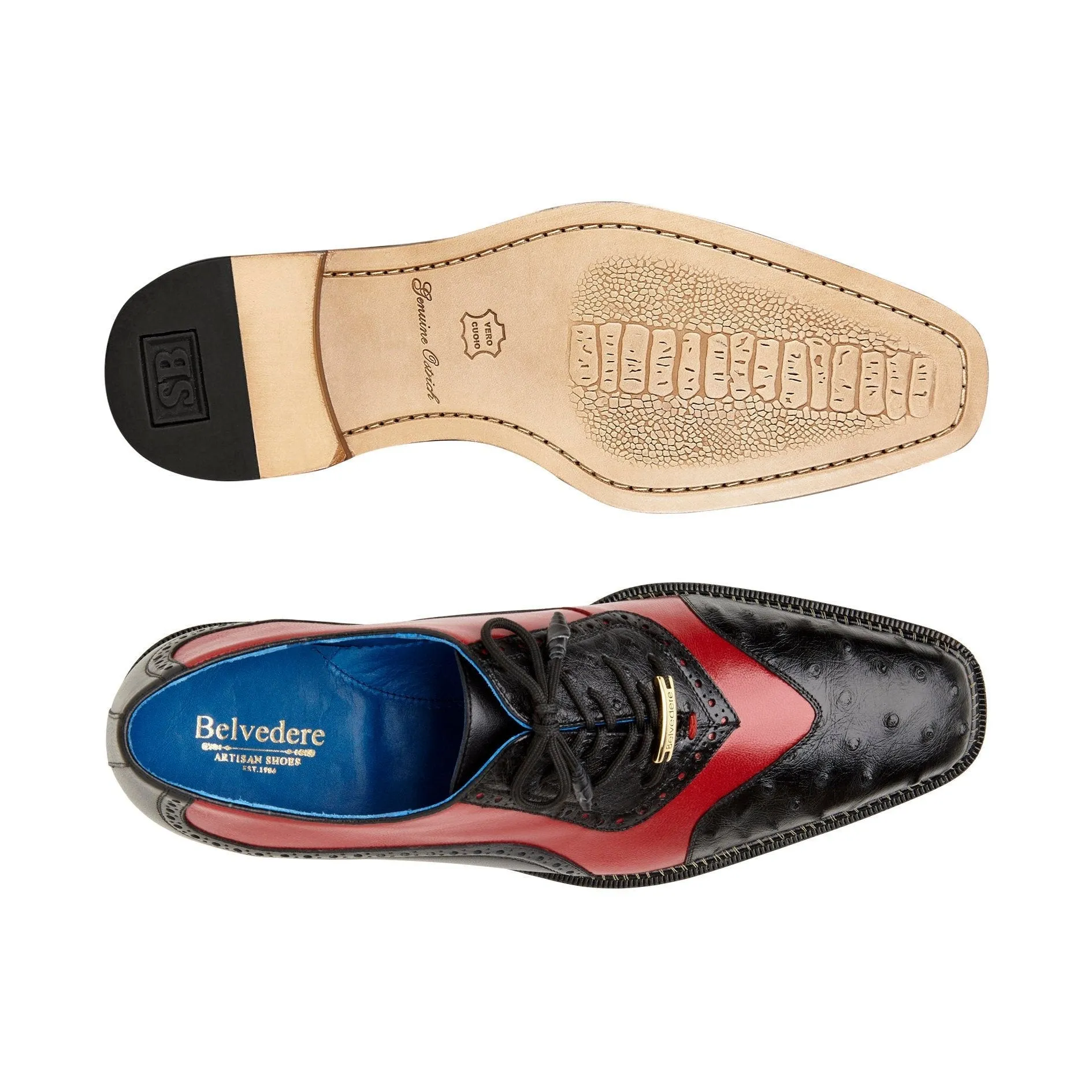 Belvedere Sesto in Black / Red Ostrich Quill & Leather Dress Shoes