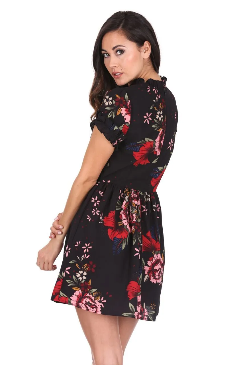 Black Floral Frill Sleeve High Neck Dress