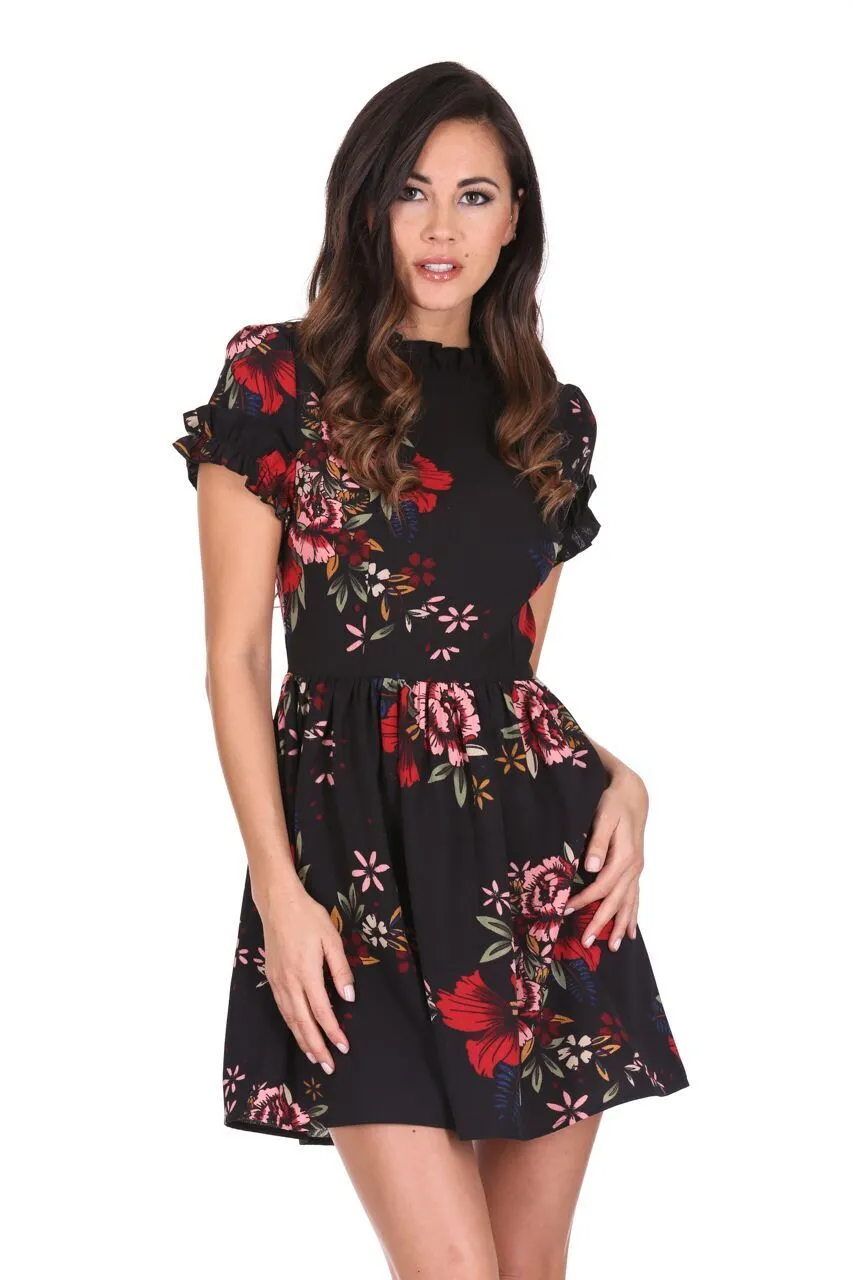 Black Floral Frill Sleeve High Neck Dress