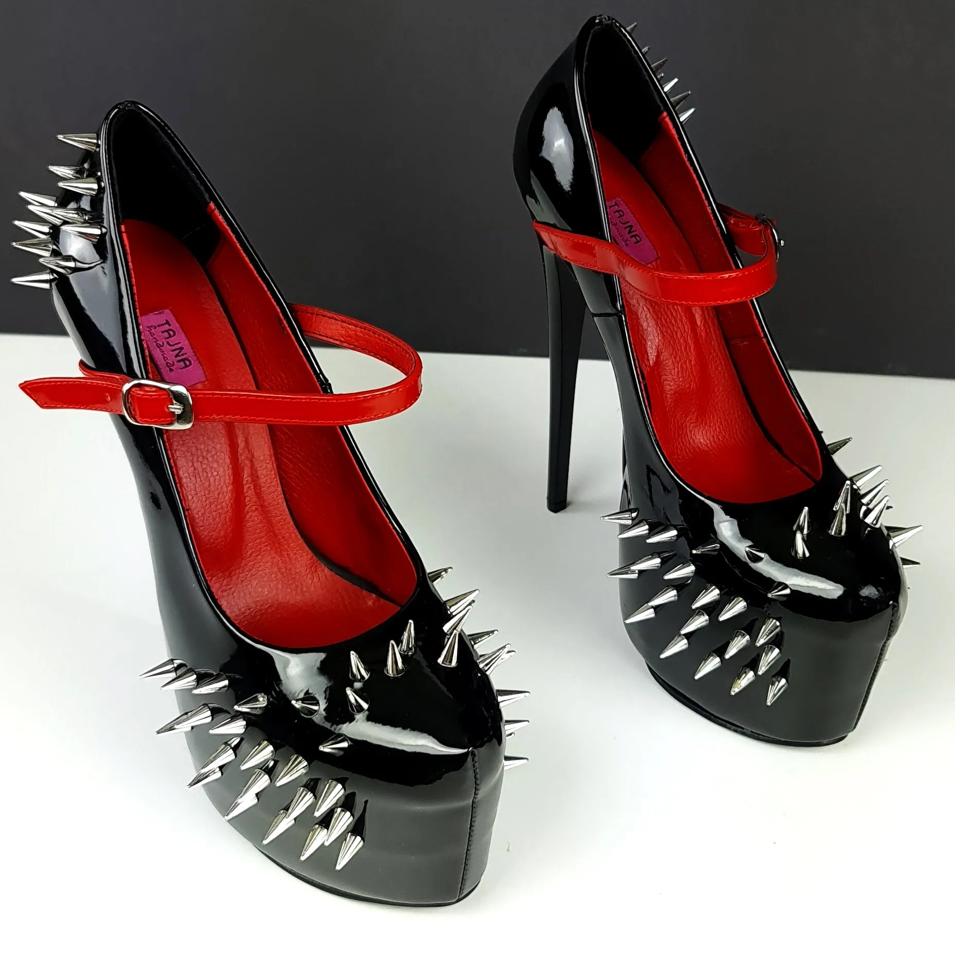 Black Red Gloss Spike Studded Strapped Heels