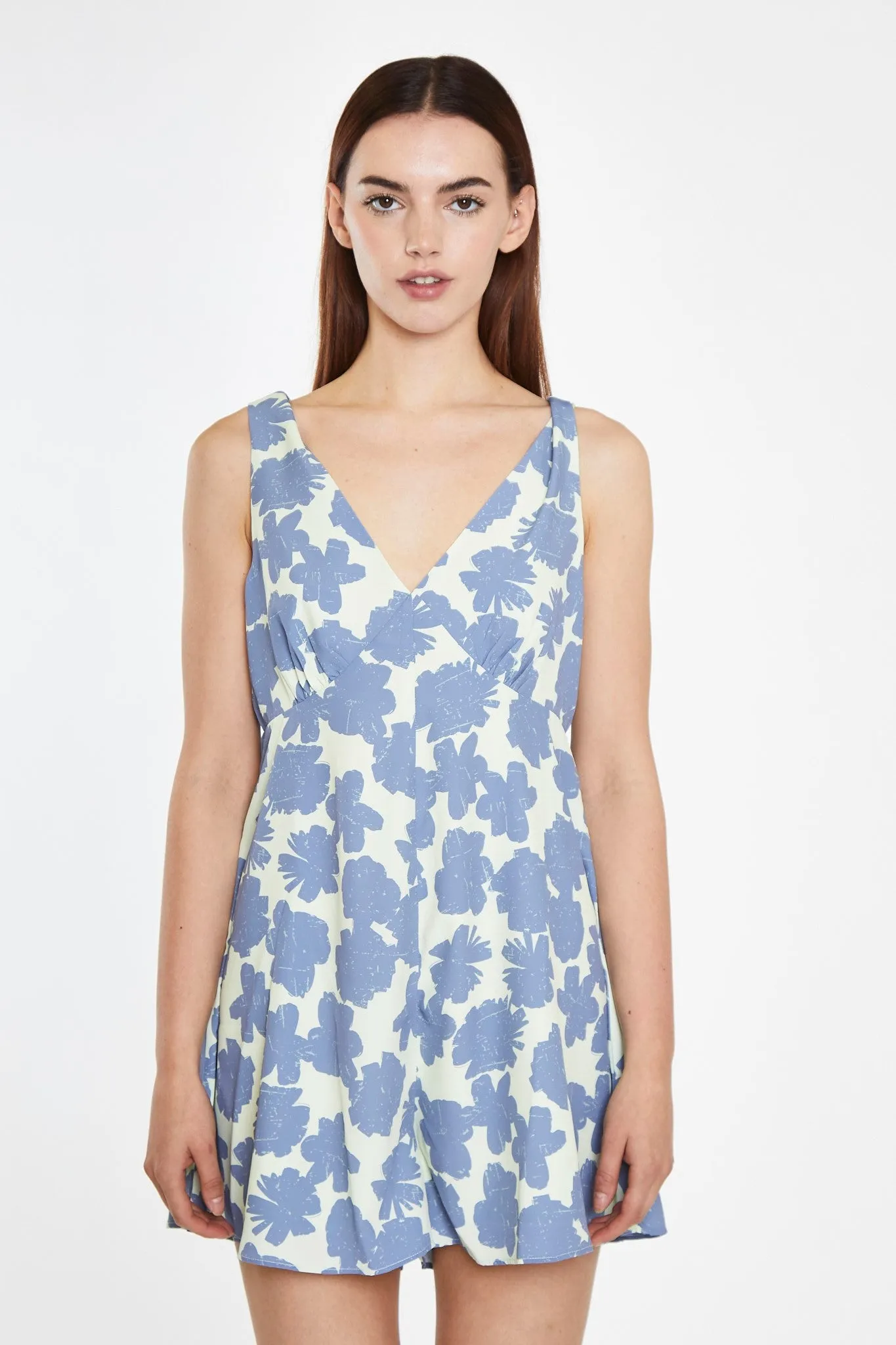 Blue-Green Floral V-Neck Loose-Fit Playsuit