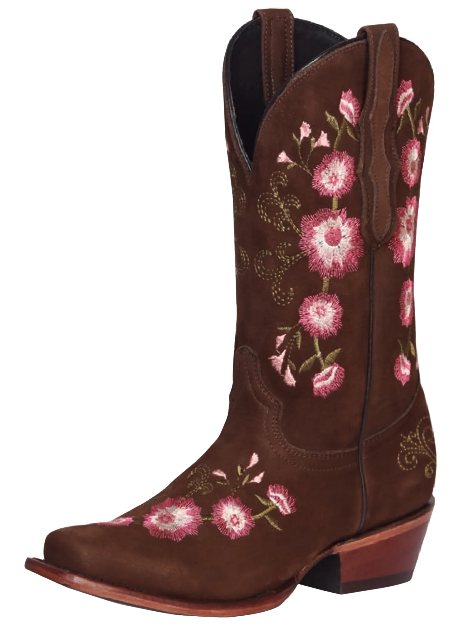 Botas Vaqueras Rodeo con Tubo Bordado de Flores de Piel Nobuck para Mujer 'El General' - ID: 41842