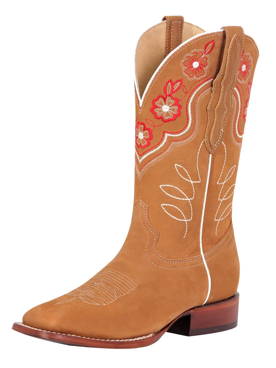 Botas Vaqueras Rodeo con Tubo Bordado de Flores de Piel Nobuck para Mujer 'El General' - ID: 42979