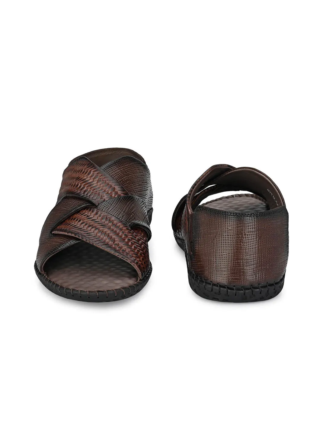 Hitz Men's Brown Leather Slip-On Open Toe Casual Sandals