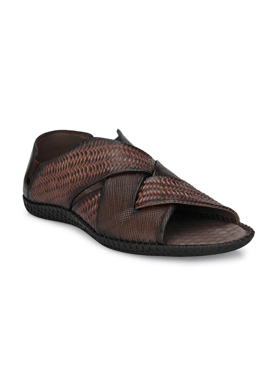 Hitz Men's Brown Leather Slip-On Open Toe Casual Sandals