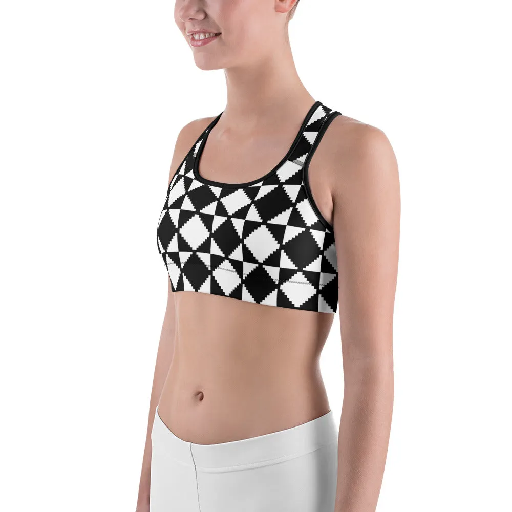 Savannahwood Black and White Abstract Tile Sports Bra