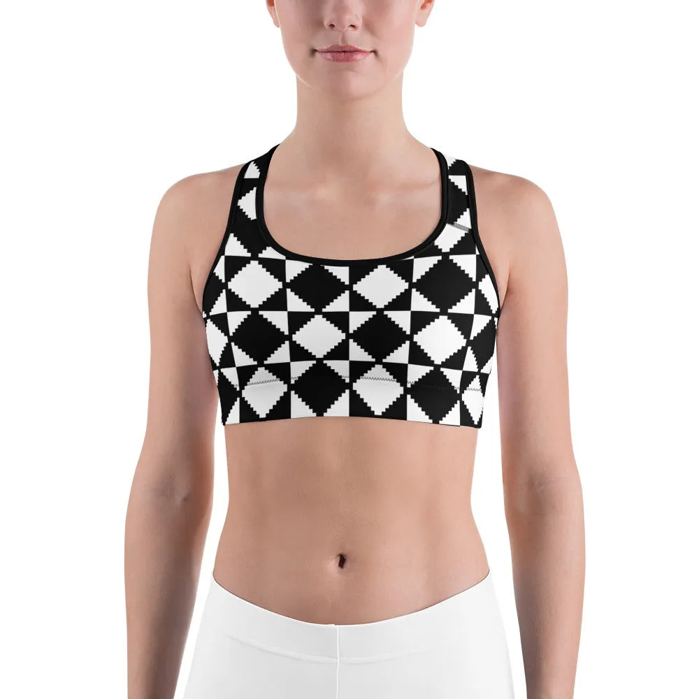 Savannahwood Black and White Abstract Tile Sports Bra