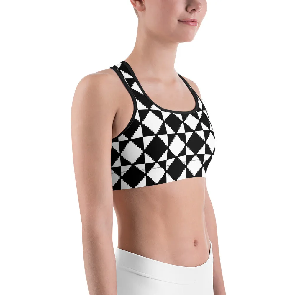 Savannahwood Black and White Abstract Tile Sports Bra