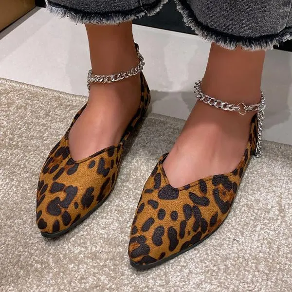 Women's Casual Chain Retro Leopard Pointed Toe Flats 47754641S